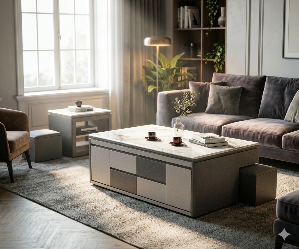 紳士灰石紋抽屜茶几組（含2腳椅）